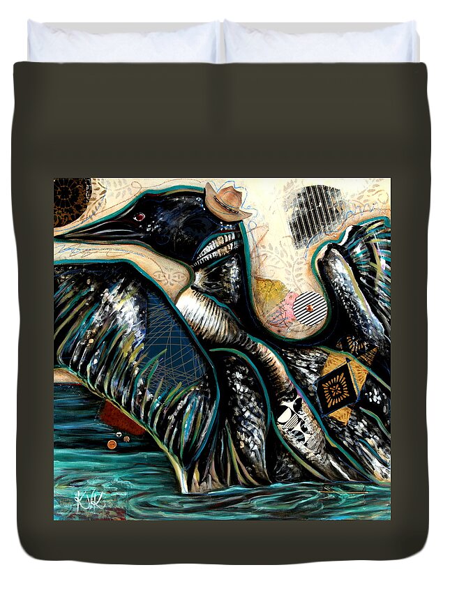 Country Critters Duvet Cover featuring the mixed media The Loon by Katia Von Kral