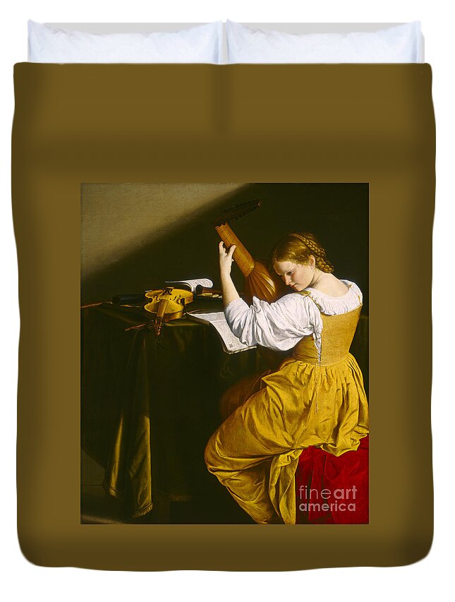 Orazio Gentileschi Duvet Cover featuring the painting The lute player by Celestial Images