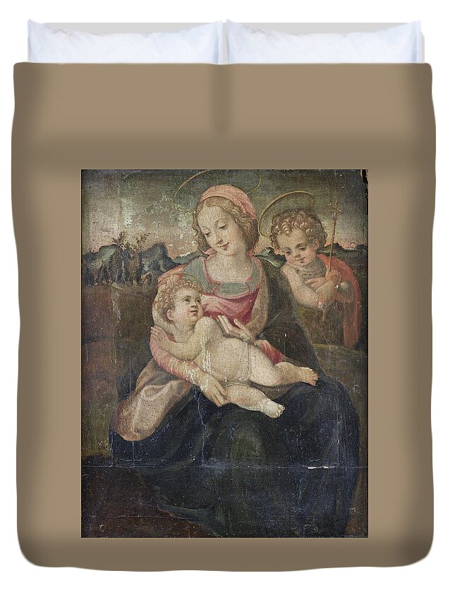 Circle Of Francesco Del Brina Duvet Cover featuring the painting The Madonna and Child with the Infant Saint John the Baptist before an open landscape by Circle of Francesco del Brina