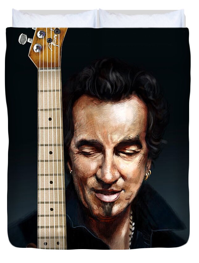Bruce Springsteen Duvet Cover featuring the painting The Man and His Guitar by Arie Van der Wijst