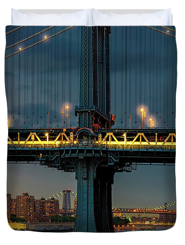 New York City Duvet Cover featuring the photograph The Manhattan Bridge During Blue Hour by Chris Lord