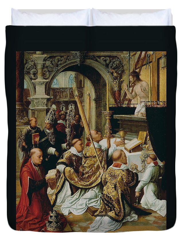 16th Century Art Duvet Cover featuring the painting The Mass of Saint Gregory the Great by Adriaen Isenbrandt