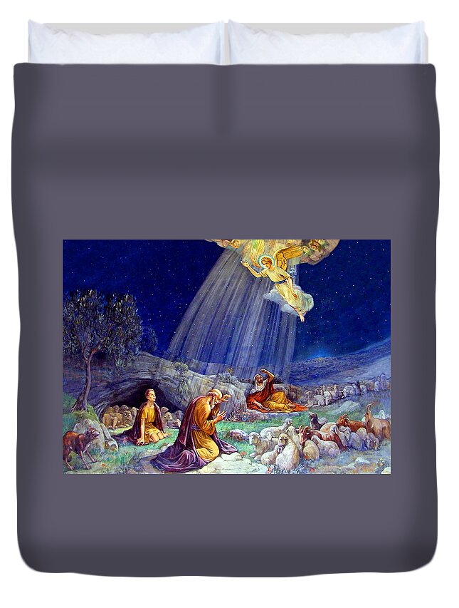 Shepherd Fields Duvet Cover featuring the painting The Message to Shepherds by Munir Alawi