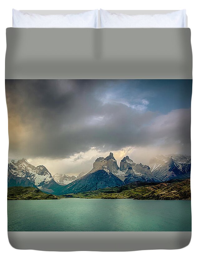 Mountains Duvet Cover featuring the photograph The Mountains on the Lake by Andrew Matwijec