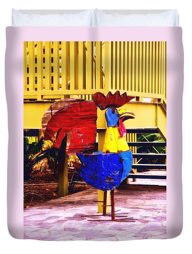 Rooster Duvet Cover featuring the photograph The Multi-Colored Rooster by Frances Ann Hattier