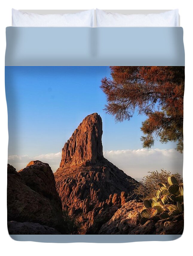 Weavers Needle Duvet Cover featuring the photograph the Needle and the Pine by Hans Brakob