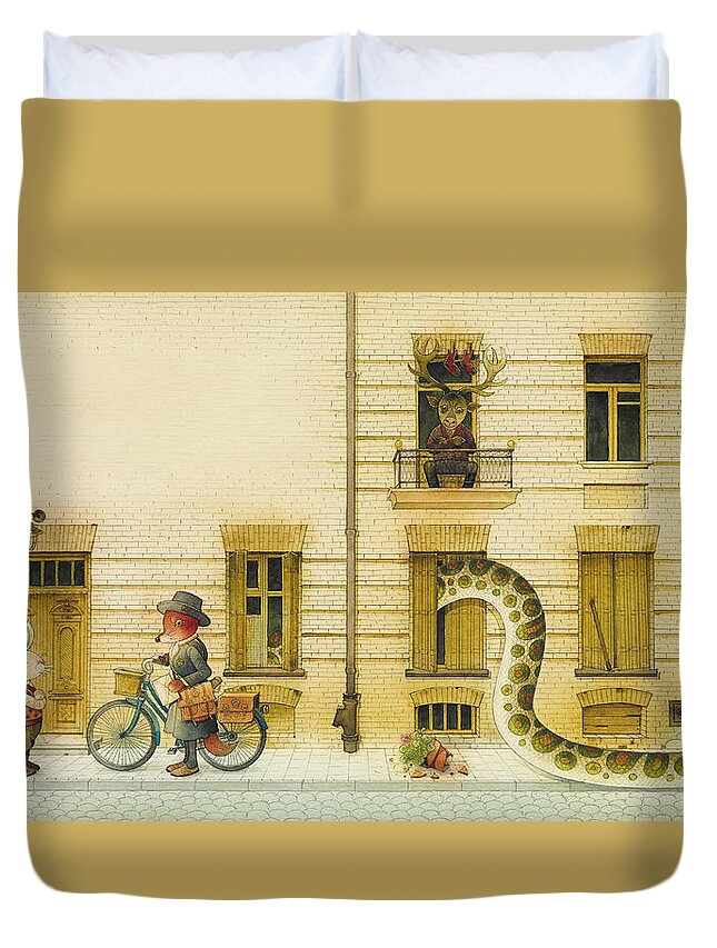 Snake Illustration Children Book Rabbit Fox Fairy Tale Duvet Cover featuring the drawing The Neighbor around the Corner02 by Kestutis Kasparavicius