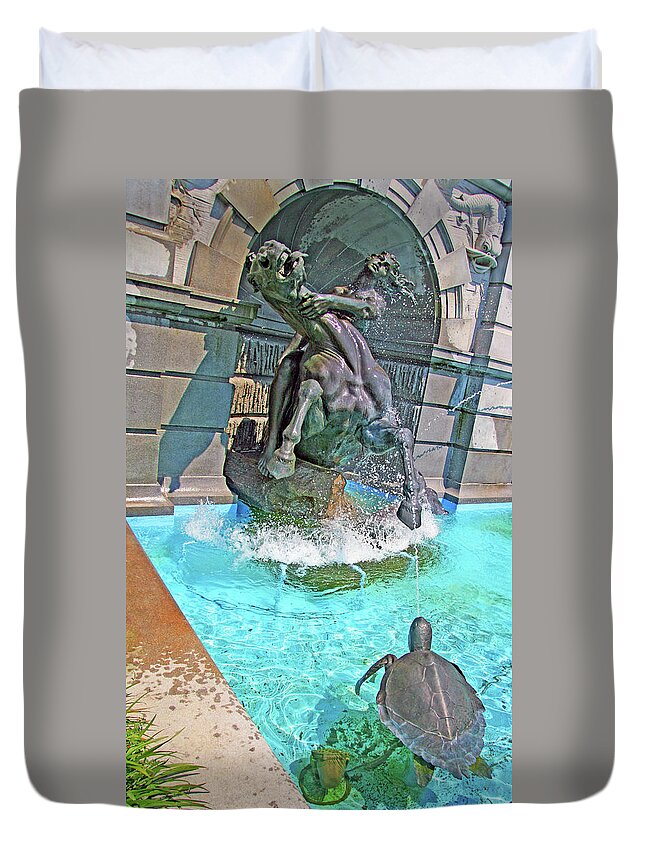 Neptune Duvet Cover featuring the photograph The Neptune Fountain At The Library Of Congress - North Nymph by Cora Wandel