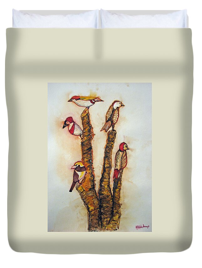 Birds Duvet Cover featuring the painting The Night Watchers by Patricia Arroyo