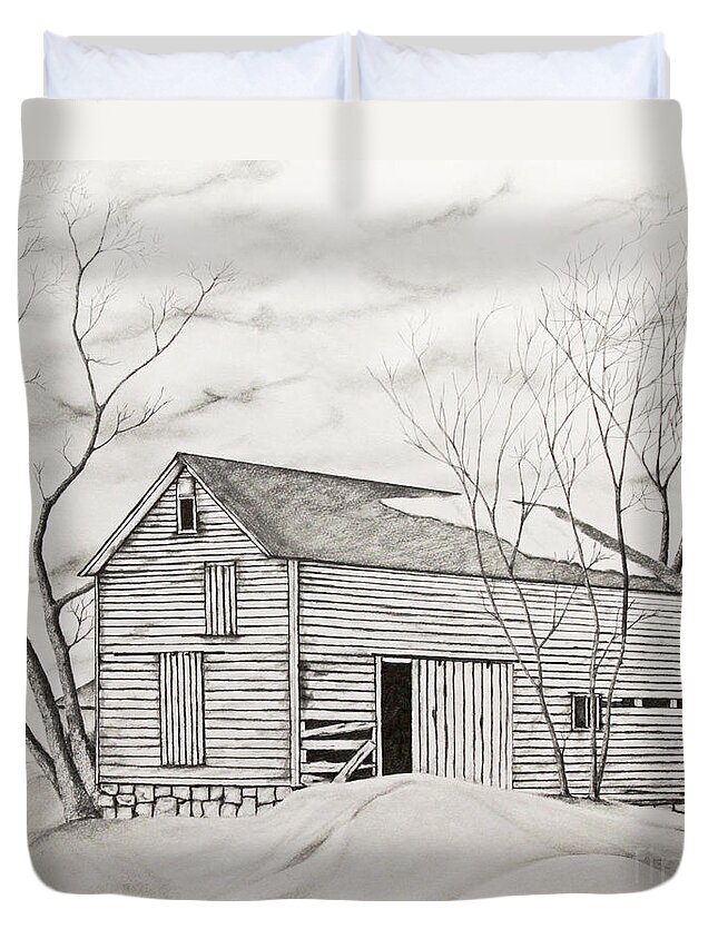 Trees Duvet Cover featuring the drawing The Old Barn inWinter by John Stuart Webbstock