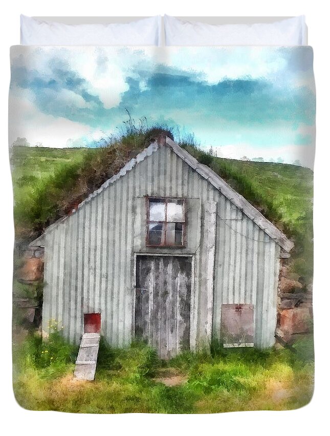 Iceland Duvet Cover featuring the painting The Old Chicken Coop Iceland Turf Barn by Edward Fielding