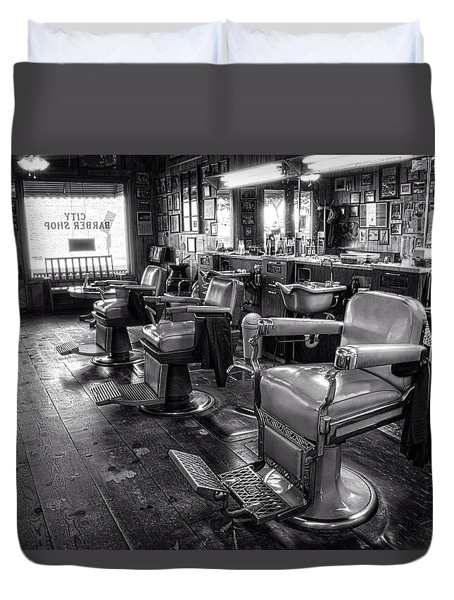 Barber Chair Duvet Cover featuring the photograph The Old City Barber Shop in Black and White by Greg and Chrystal Mimbs