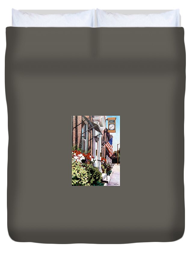 Historic Town Duvet Cover featuring the painting The Old Clock by Marie Witte