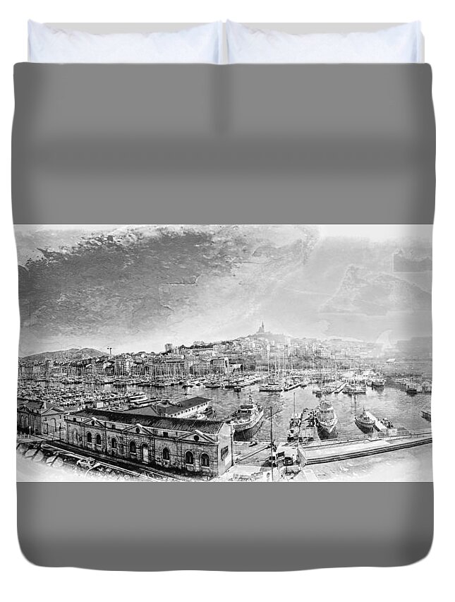 The Old Port Of Marseille Duvet Cover featuring the photograph The Old Port of Marseille , Black and White by Jean Francois Gil