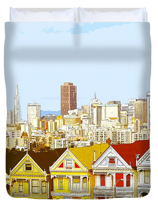 Victorian Duvet Cover featuring the digital art The Painted Ladies in San Francisco California by Anthony Murphy