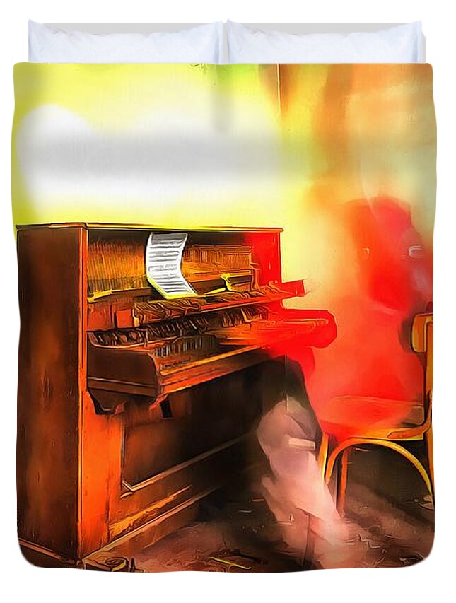 Musica Duvet Cover featuring the photograph THE PIANO PLAYER della COLONIA ABBANDONATA paint by Enrico Pelos