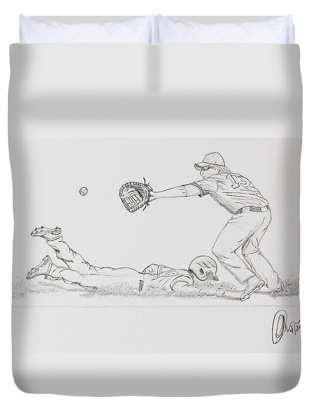 Baseball Duvet Cover featuring the drawing The Pick Off by Chris Thomas