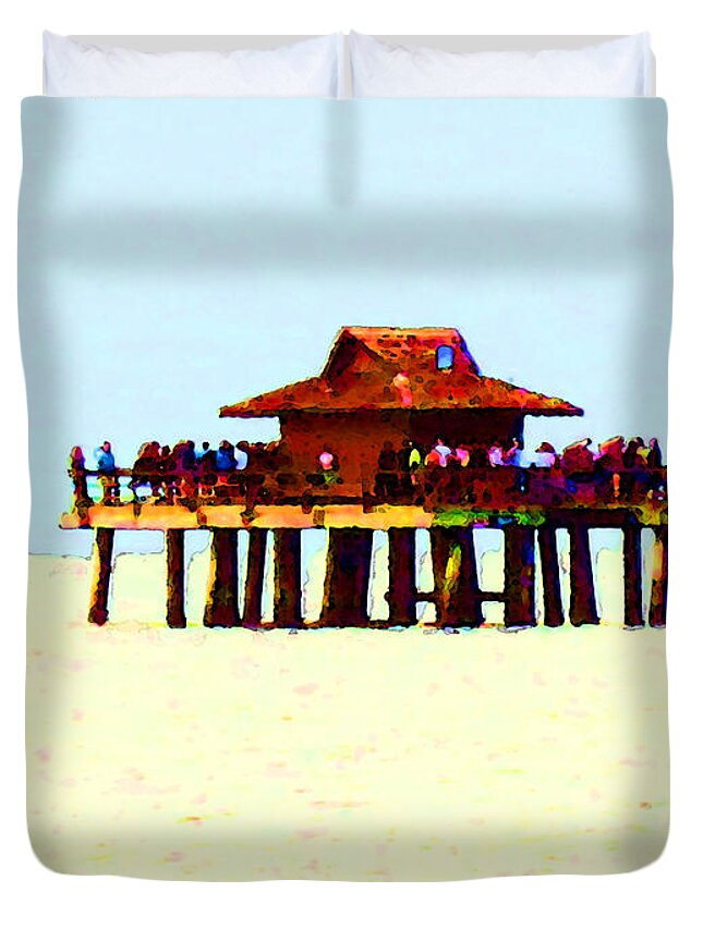 Pier Duvet Cover featuring the painting The Pier - Beach Pier Art by Sharon Cummings