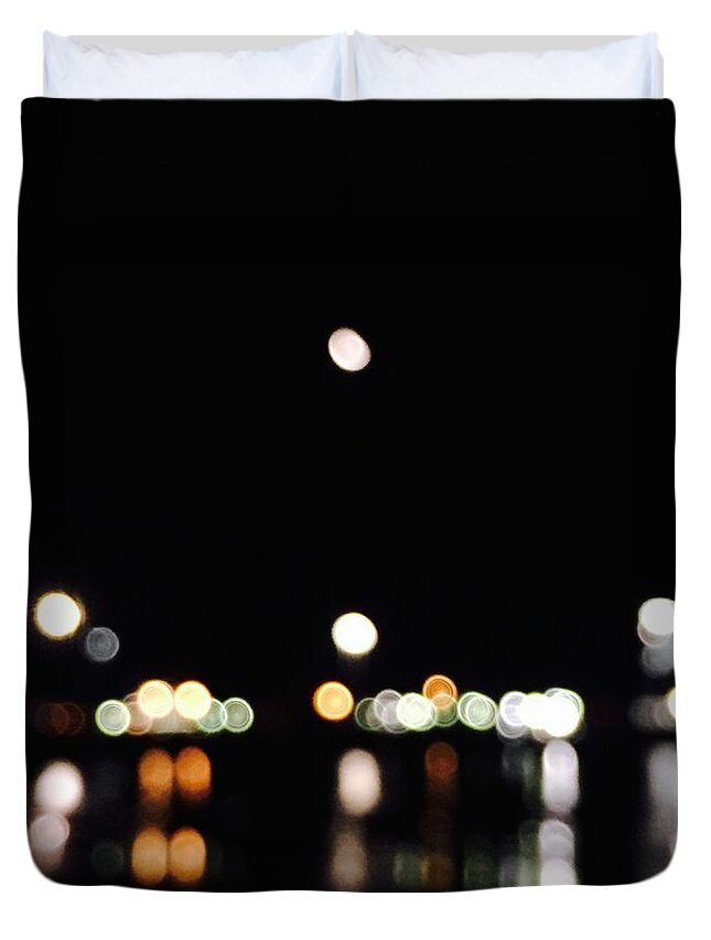 Port Duvet Cover featuring the photograph The port, the lights, and the moon by Ingrid Van Amsterdam