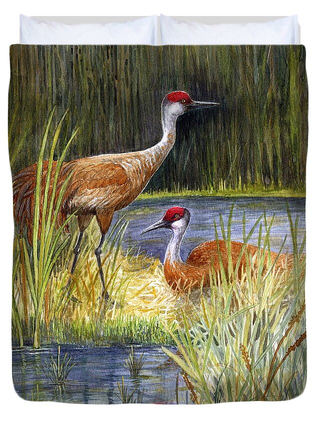 Sandhill Cranes Duvet Cover featuring the painting The Protector - Sandhill Cranes by Marilyn Smith