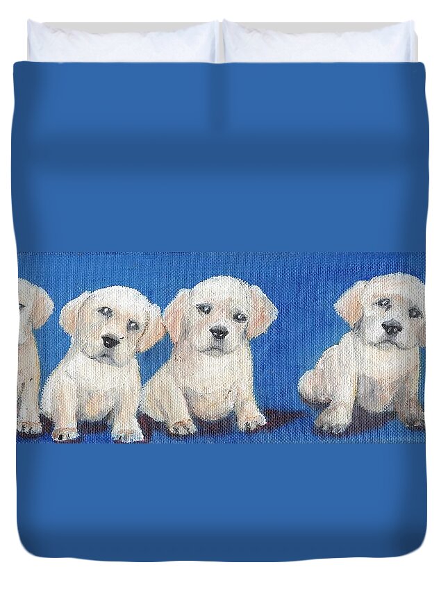 Yellow Duvet Cover featuring the painting The Pups 1 by Roger Wedegis