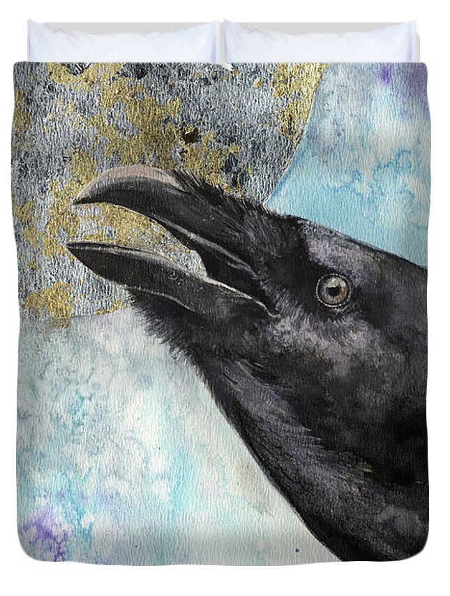 Raven Duvet Cover featuring the painting Raven and the Moon 2017 03 09 by Ang El