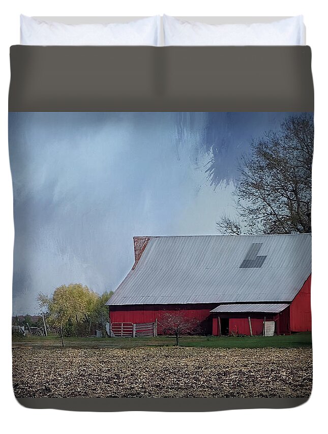Landscape Duvet Cover featuring the photograph The Red Barn by Theresa Campbell