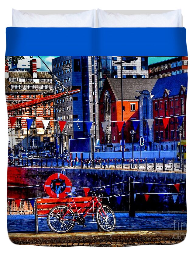 Red Bicycle Duvet Cover featuring the photograph The Red Bicycle at Albert Dock by Joan-Violet Stretch