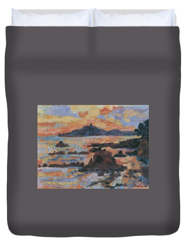 Falaises - The Red Rocks At Agay Duvet Cover featuring the painting The Red Rocks at Agay by MotionAge Designs
