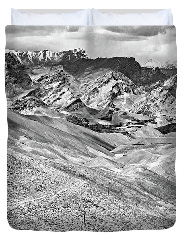 Adakh Duvet Cover featuring the photograph The Road to Ladakh 2 bw by Steve Harrington