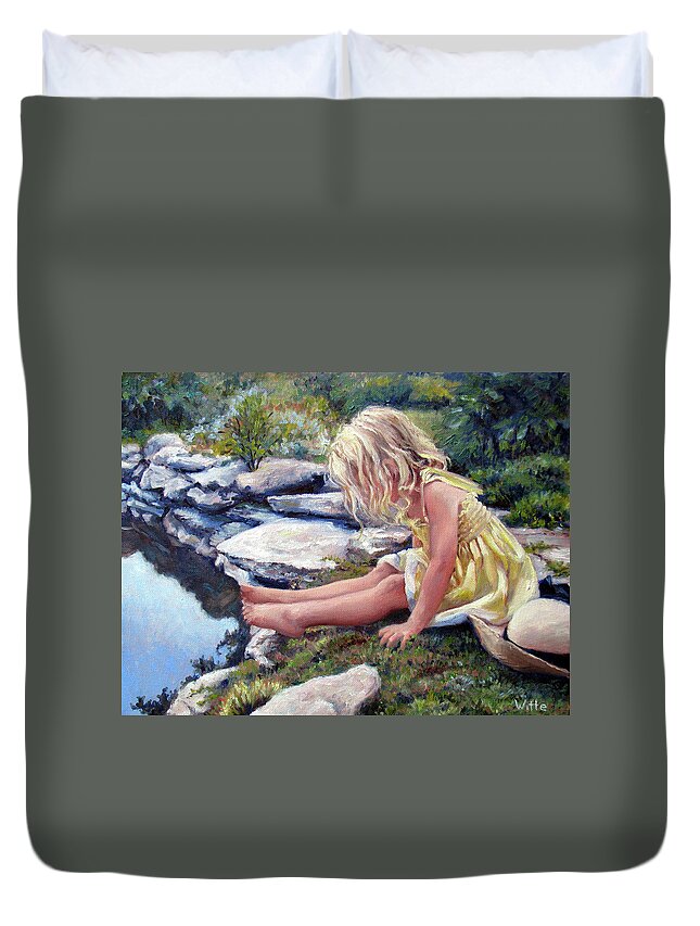 Yellow Dress Duvet Cover featuring the painting The Rock Pool by Marie Witte