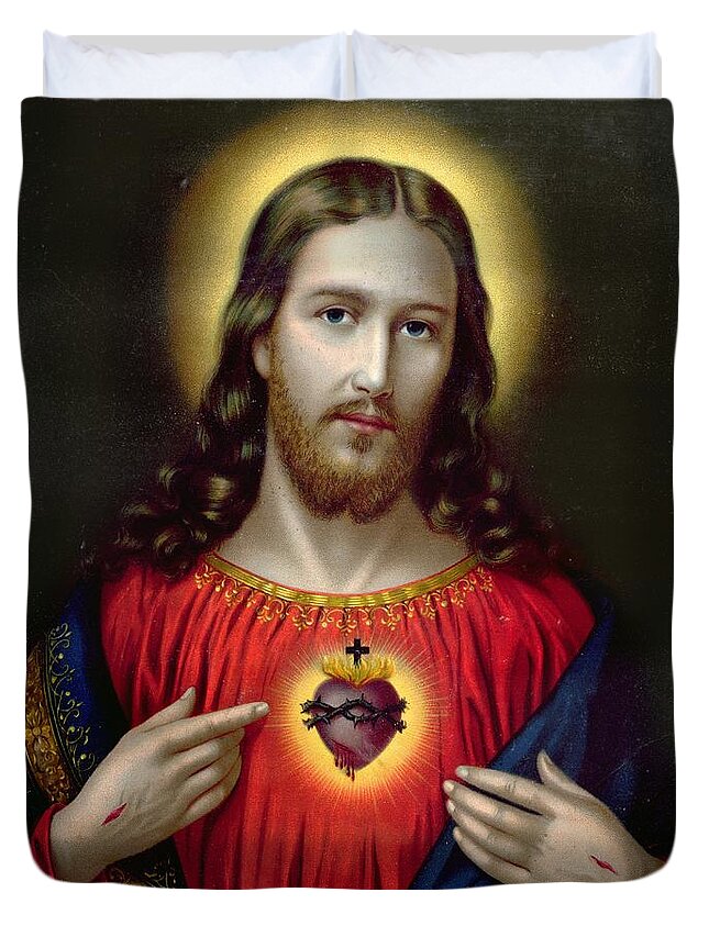 #faatoppicks Duvet Cover featuring the painting The Sacred Heart of Jesus by English School