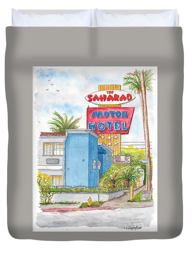 The Saharan Motor Hotel Duvet Cover featuring the painting The Saharan Motor Motel in Hollywood, California by Carlos G Groppa