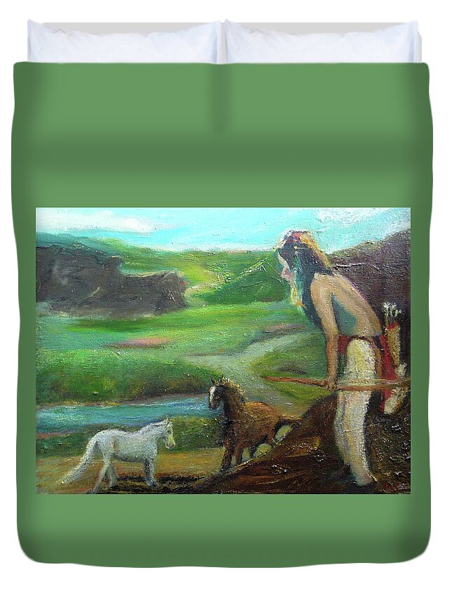 Native American Duvet Cover featuring the painting The Scout by Susan Esbensen