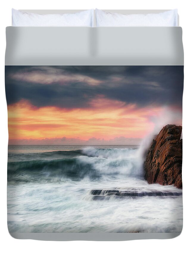 Rock Duvet Cover featuring the photograph The Sea Against The Rock by Mikel Martinez de Osaba