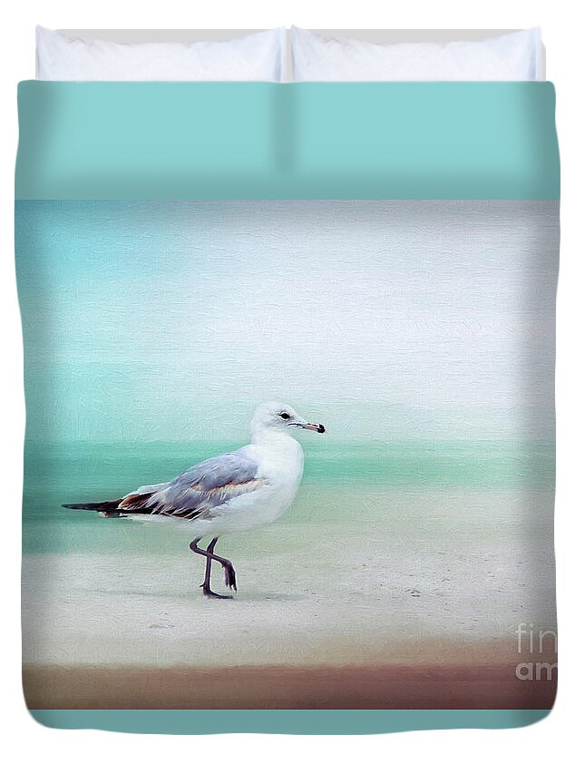 The Beach House Duvet Cover featuring the photograph The Seagull Strut by Sharon McConnell
