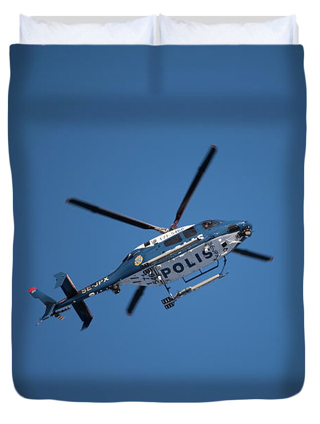 Swedish Police Helicopter Duvet Cover featuring the photograph The searcher in the air by Torbjorn Swenelius