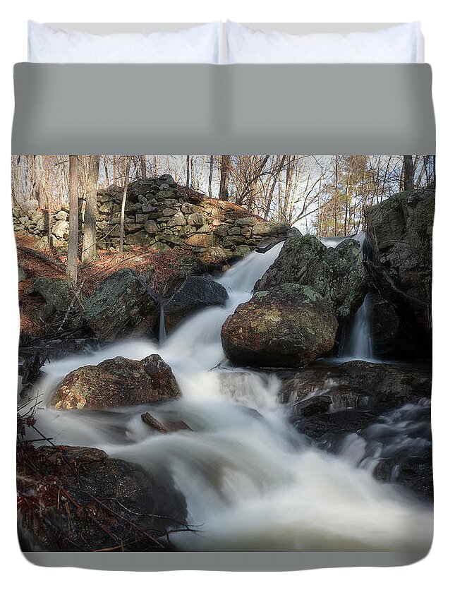 Rutland Ma Mass Massachusetts Outside Outdoors Newengland New England Nature Natural Long Exposure Water Fall Falls Waterfall Rocks Rocky Stonewall Stone Wall Old Mill Site Grist Boulder Woods Forest Secret Hidden Gem Beautiful Serene Serenity Duvet Cover featuring the photograph The Secret Waterfall 2 by Brian Hale