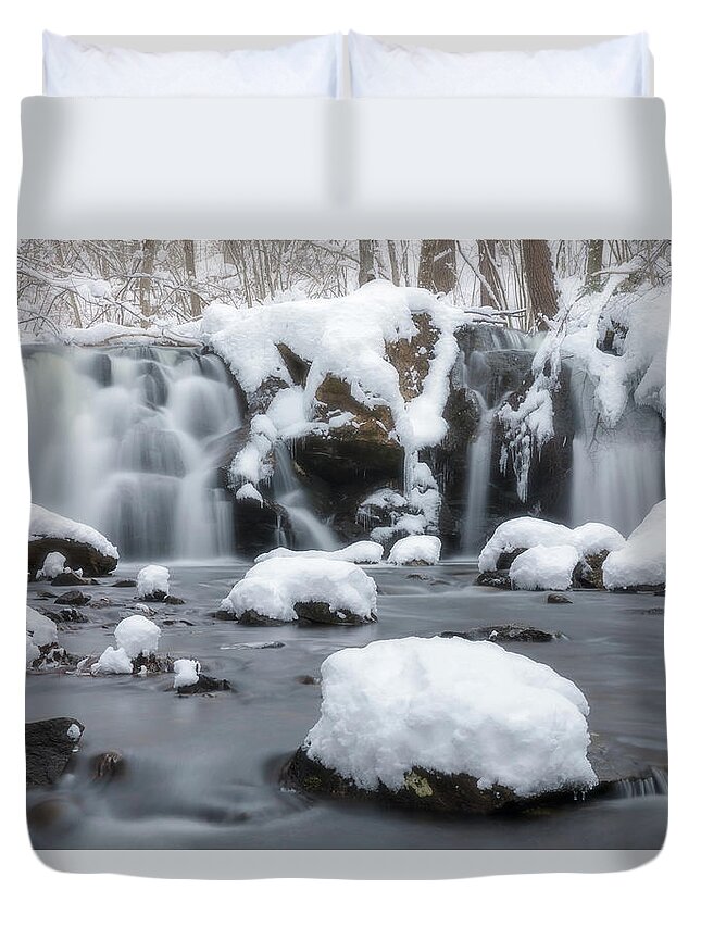 Rutland Ma Mass Massachusetts Waterfall Winter Snow Ice Water Falls Nature New England Newengland Outside Outdoors Natural Old Mill Site Woods Forest Secluded Hidden Secret Dreamy Long Exposure Brian Hale Brianhalephoto Snowing Peaceful Serene Serenity Duvet Cover featuring the photograph The Secret Waterfall in Winter 1 by Brian Hale