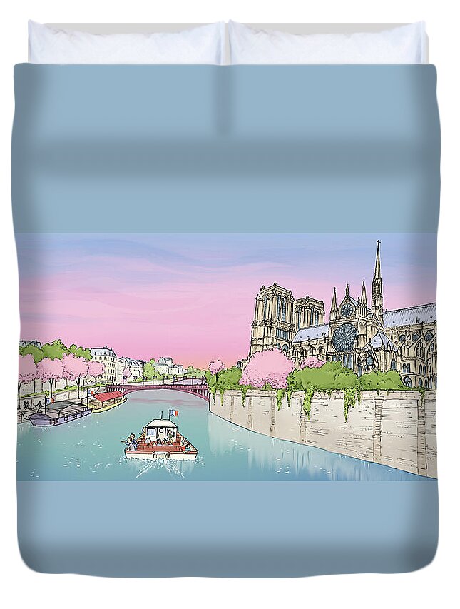 Paris Hop Duvet Cover featuring the digital art The Seine and Notre Dame by Renee Andriani
