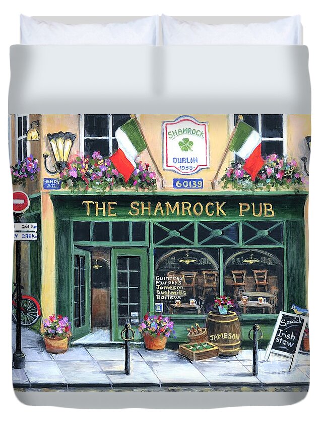 St Patrick's Day Duvet Cover featuring the painting The Shamrock Pub by Marilyn Dunlap