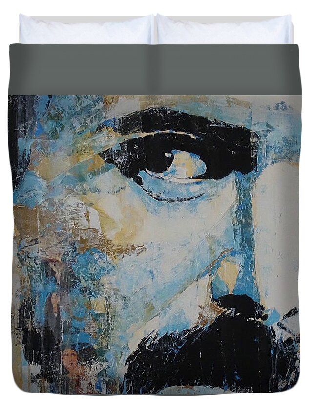 Freddie Mercury Duvet Cover featuring the painting The Show Must Go On by Paul Lovering