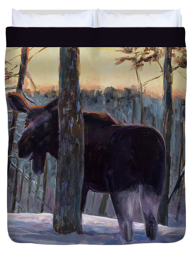 Moose Duvet Cover featuring the painting The Shy One by Billie Colson