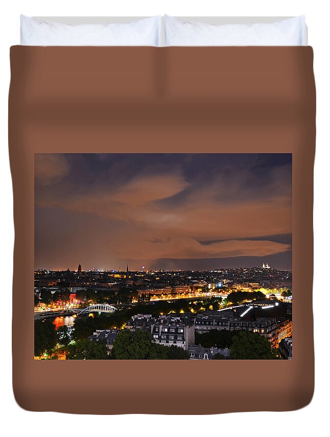 Paris Duvet Cover featuring the photograph The Siene River at Night Paris France by Toby McGuire