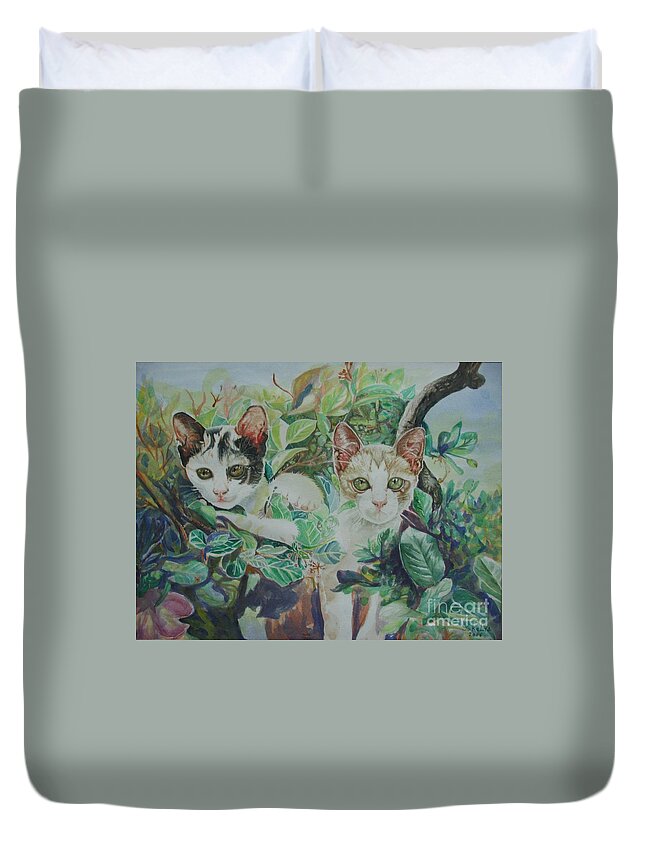 Cats Duvet Cover featuring the painting The Sisters by Sukalya Chearanantana