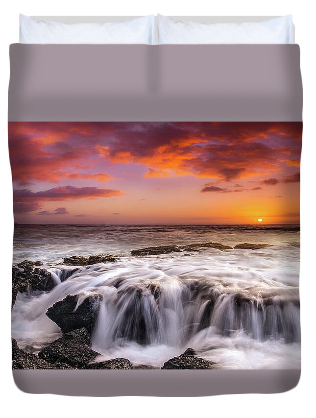 Sunset Seascape Shorebreak Clouds Oahu Fine Art Photography Duvet Cover featuring the photograph The Sound Of The Sea by James Roemmling