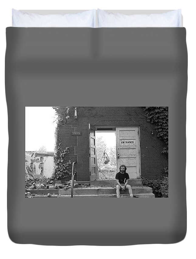 Northwestern University Duvet Cover featuring the photograph The Speech Annex and Peter Steven, 1980 by Jeremy Butler