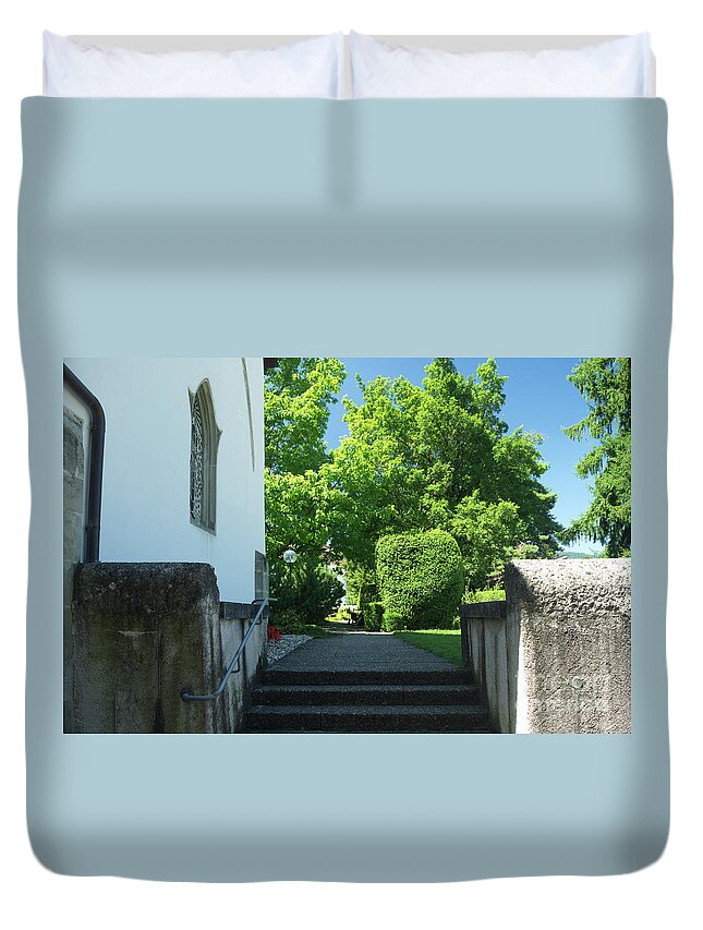 Michelle Meenawong Duvet Cover featuring the photograph the stairs behind the Gottstatt Monastery church by Michelle Meenawong
