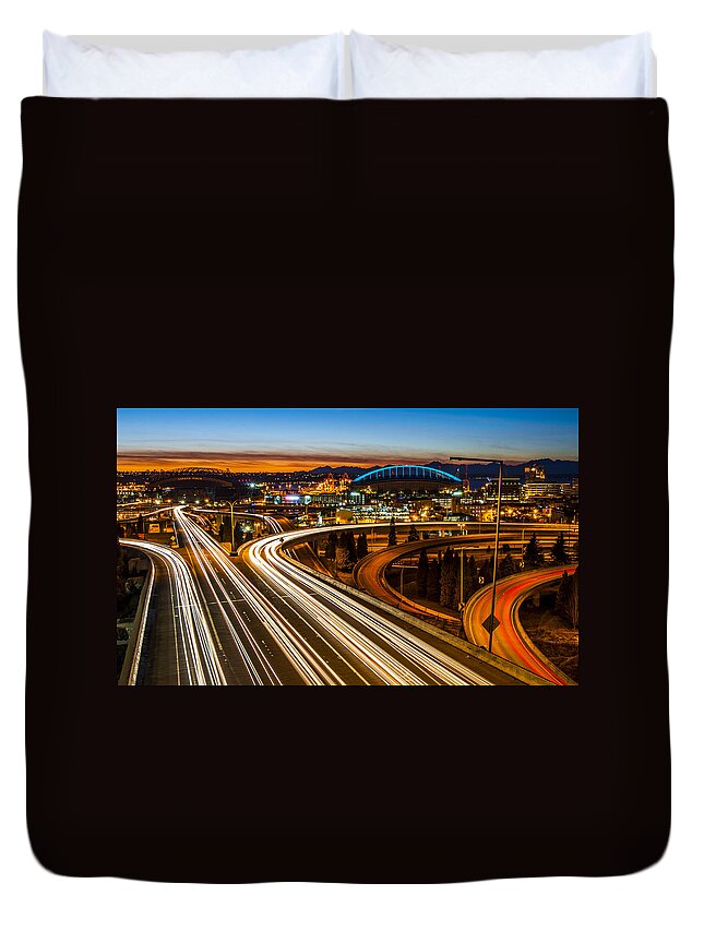 American Duvet Cover featuring the photograph The Start of I-90 by Pelo Blanco Photo
