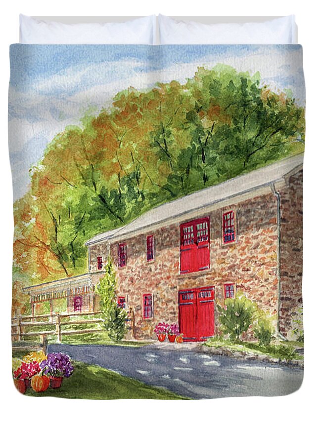 Stone Barn Duvet Cover featuring the painting The Stone House by Vikki Bouffard